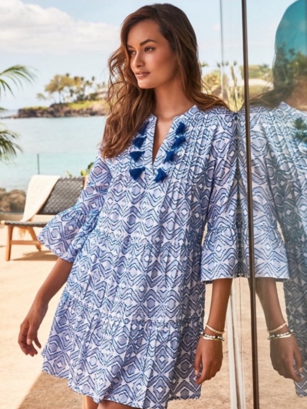 Tommy Bahama Blue White Geometric Tassel Tiered Mini Dress Large